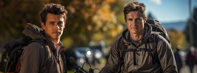 Biker couple with mountain bike on the countryside road