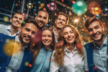 Excited business colleagues celebrating teamwork success, business achievement, hugging, laughing and smiling with joy, happy employees rejoicing victory together having fun at company office.