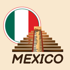 Chichen Itza pyramid, national landmark of Mexico, on flag background. Vector illustration, Mexican Revolution.