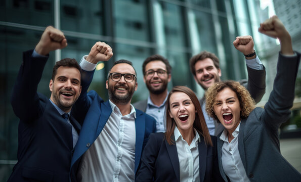 Excited Diverse Business Team Employees Screaming Celebrating Good News With Their Fists Up In The Air. Business Win Corporate Success, Happy Colleagues Cheering In Front Of Company Building.