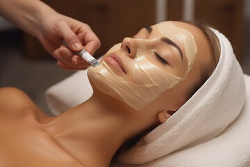 Face peeling mask, spa beauty treatment, skincare. Woman getting facial care by beautician at spa...