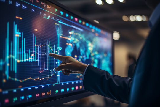 Close-up of the presenter's hands gesturing towards data points on a projection screen, emphasizing key insights during a productive business meeting