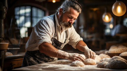 middle aged baker kneading bread dough to make handcrafted sourdough artisan bread - obrazy, fototapety, plakaty