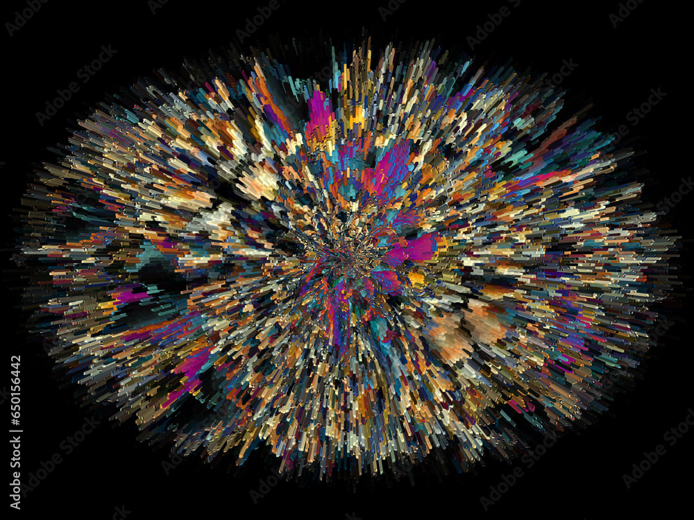 Aufkleber exploding colourful linked structure in gold red and blue on a black background