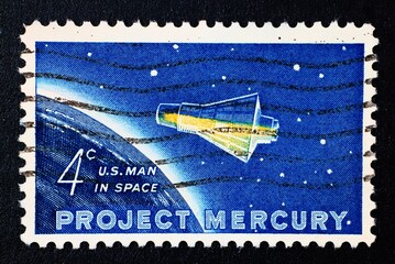 1962 Project Mercury Space Capsule USPS  American 4 Cent Stamp Macro Photograph - obrazy, fototapety, plakaty