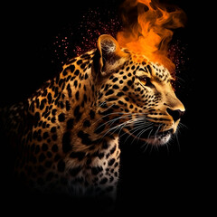 Leopard with fire on a black background. The concept of wild animals.