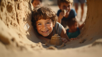 Children building sand tunnels and digging holes - obrazy, fototapety, plakaty
