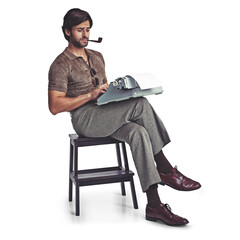 Typewriter, typing and man with smoking pipe isolated on a transparent png background. Smoke,...