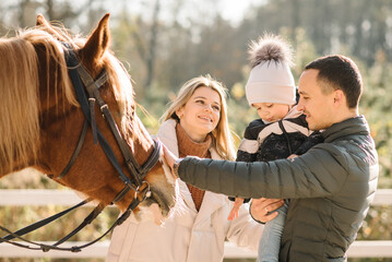 Happy father, mother and son caress horse outdoors on a farm ranch. Dad, mom and child. Animal...