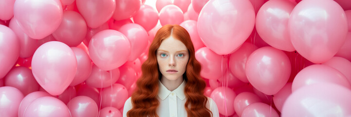 Obraz premium A blue eyed girl with long red hair standing in front of a wall of pink balloons arranged in a random pattern. Surreal, festive and dreamy mood.