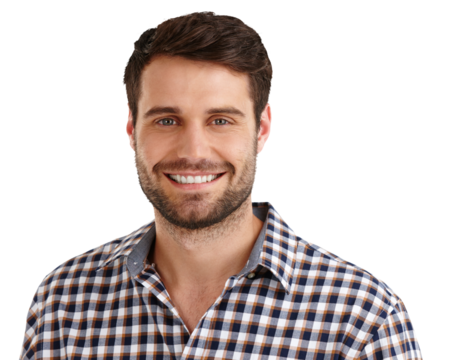 Isolated man, smile and portrait with casual style, pride and confident by transparent png background. Person, student and trendy shirt for fashion with beard, face and clothes for modern aesthetic - Powered by Adobe
