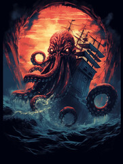  Giant octopus  attacking ship digital illustration print design t shirt design
