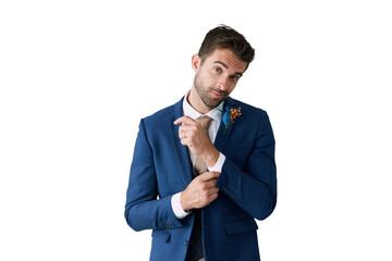 Portrait, love and wedding suit with a man getting ready while isolated on transparent background....
