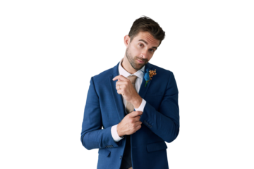 Portrait, love and wedding suit with a man getting ready while isolated on transparent background. Fashion, marriage tuxedo and a happy young groom dressing in clothes for an event or ceremony on PNG