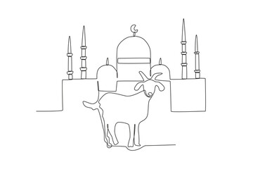 One continuous line drawing of mosque above the goat eid al adha concept
