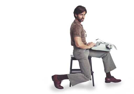 Portrait, typing and serious man on typewriter with smoking pipe isolated on a transparent png background. Smoke, writer and journalist on stool, retro technology and creative work in vintage fashion - Powered by Adobe