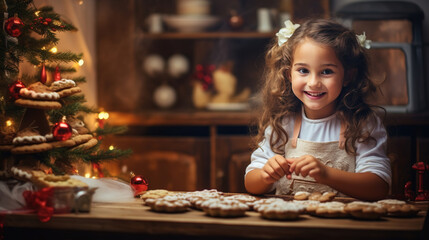 Happy funny little girl bake christmas cookies on cozy kitchen at home .