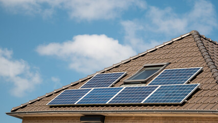 Newly build houses with solar panels attached on the roof against a sunny sky