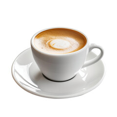  A white cup of coffee with foam isolated on transparent background, png file, side view, 