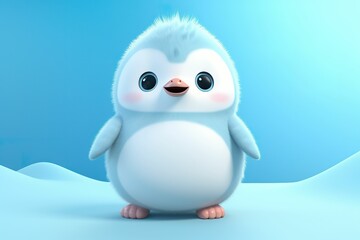 3D effect of cartoon little penguin on blue background, cute penguin baby background, simple...