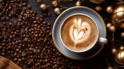 cup of coffee latte and coffee beans on table in happy new year theme, topview