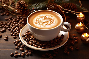 cup of coffee latte and coffee beans on table in happy new year theme, topview