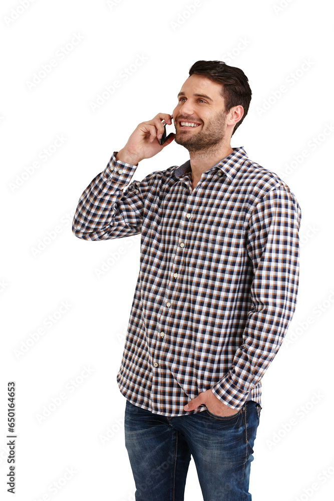 Poster thinking, happy and a man on a phone call for communication, conversation or contact. smile, idea an
