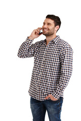 Thinking, happy and a man on a phone call for communication, conversation or contact. Smile, idea and a young person speaking on a mobile and isolated on a transparent png background for discussion