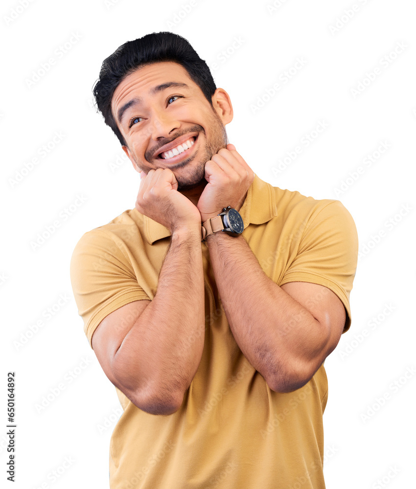 Poster Happy, smile and man or thinking of a dream, memory or facial expression for vision. Happiness, excited and young model from India with positive mindset isolated on a transparent png background