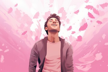 happy man with paper napkins, who has recovered from a cold, flu or covid on pink background