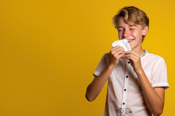 happy smiling teenage boy with paper napkins, who has recovered from a cold, flu or covid on yellow background