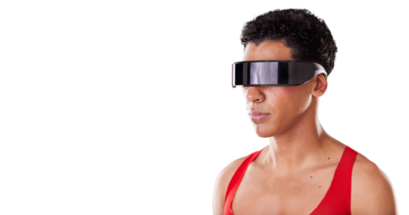 Virtual reality glasses, person and isolated on transparent png background in with high tech. Cyberpunk, future technology and androgynous model with futuristic vr sunglasses for metaverse fashion.