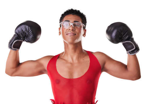 Fashion, boxing and transgender person with boxer gloves isolated on a transparent background for strong biceps. Exercise, sports and an lgbt athlete on PNG for health, wellness and training or fight