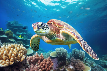 Naklejka na ściany i meble Sea turtle close-up over a coral reef in the Maldives. Travel and vacation background.