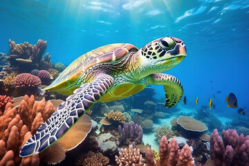 Fototapeta premium Sea turtle close-up over a coral reef in the Maldives. Travel and vacation background.