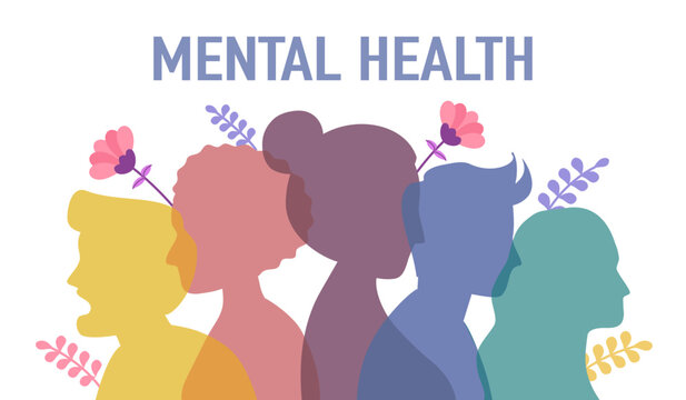 Mental health awareness month concept vector illustration. Silhouette of human head in flat design.