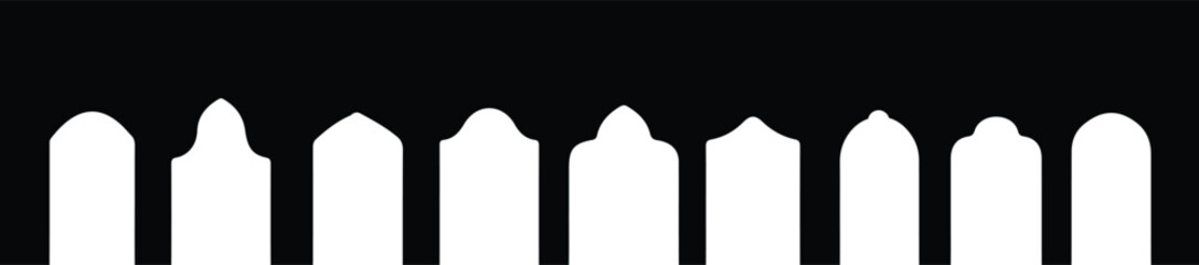 Shape Islamic door and window silhouette Arabic arch. Collection of patterns in oriental style. Frames in Arabic Muslim design for Ramadan Kareem. Vector mosque gate shape isolated on white background