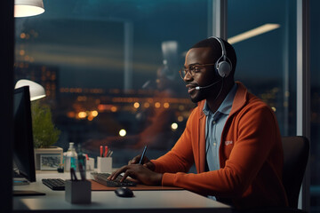 Telemarketer, sales agent on the phone wears a wireless headset, talks, consults an online customer on a computer, an African man hotline operator works in a customer support office. - obrazy, fototapety, plakaty