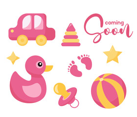 Decorative elements for baby shower design. Gender reveal party card, banner, vector element design. It's a girl gender reveal set