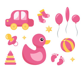 Decorative elements for baby shower design. Gender reveal party card, banner, vector element design. It's a girl gender reveal set