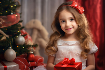 Portrait of a cute Smiling, cheerful and happy little girl near a decorated Christmas and New Year tree at home holding a gift box.