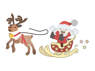 クリスマスのかわいいトナカイとソリと子供のサンタ