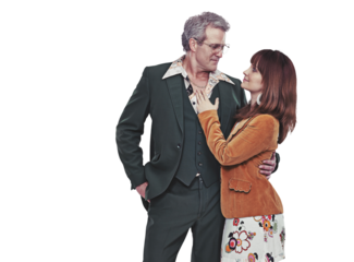 Hug, retro fashion or mature couple in a cool outfit style isolated on png transparent background. Love, vintage people or romantic man in Italy with woman, confidence or care in unique funky clothes