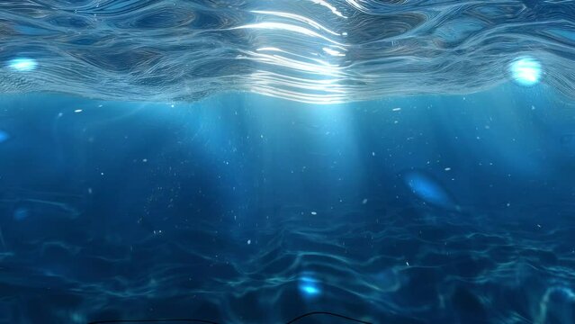 Underwater slow motion shot of sun rays shining through the surface of the clear blue peaceful ocean. Blue ocean background