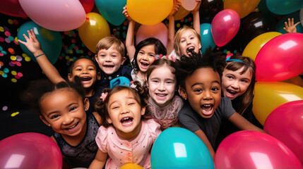 Fototapeta na wymiar Generative AI, cheerful children of different nationalities at a holiday, birthday party, balloons, friends, kids, congratulations, joyful emotions, diversity, playroom, kindergarten, toddler, gifts