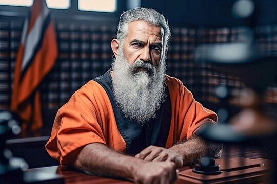Portrait of a convict in an orange jumpsuit in court.