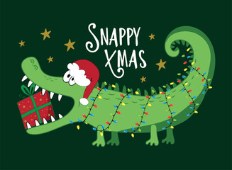 Snappy Xmas - funny alligator in Santa hat and with Christmas present. Good for greeting card, baby clothes, textile print, and other decoartion.