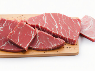 Raw beef meat on a wooden cutting board isolated on a white background. Close up. AI-Generated