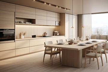 Interior design modern minimal kitchen room, interior clean style, living space, interior design japan style, three-dimensional, natural light, generative ai.