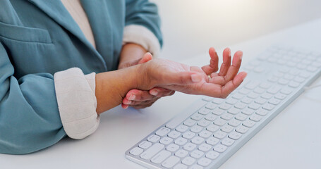 Business woman, hands and wrist pain from carpal tunnel syndrome, typing or injury on office desk....
